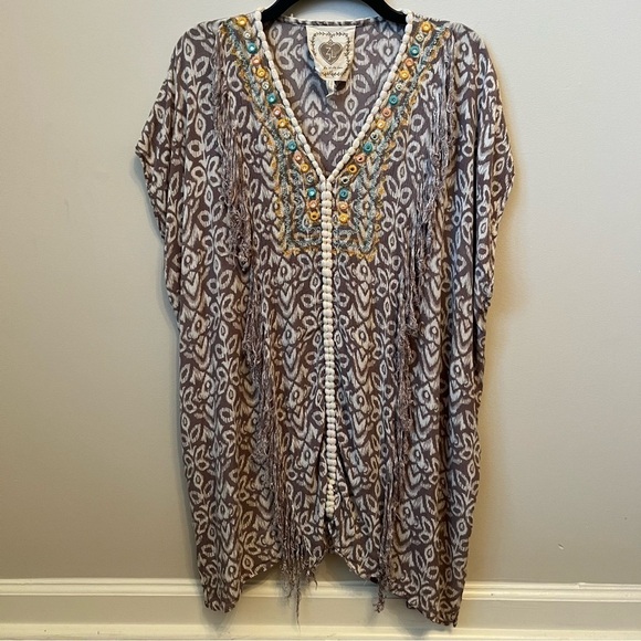 Z&L Europe Caftan Beach Cover-Up Tunic Floral Sequin Tan Teal Tassel V-Neck M/L - Picture 1 of 10